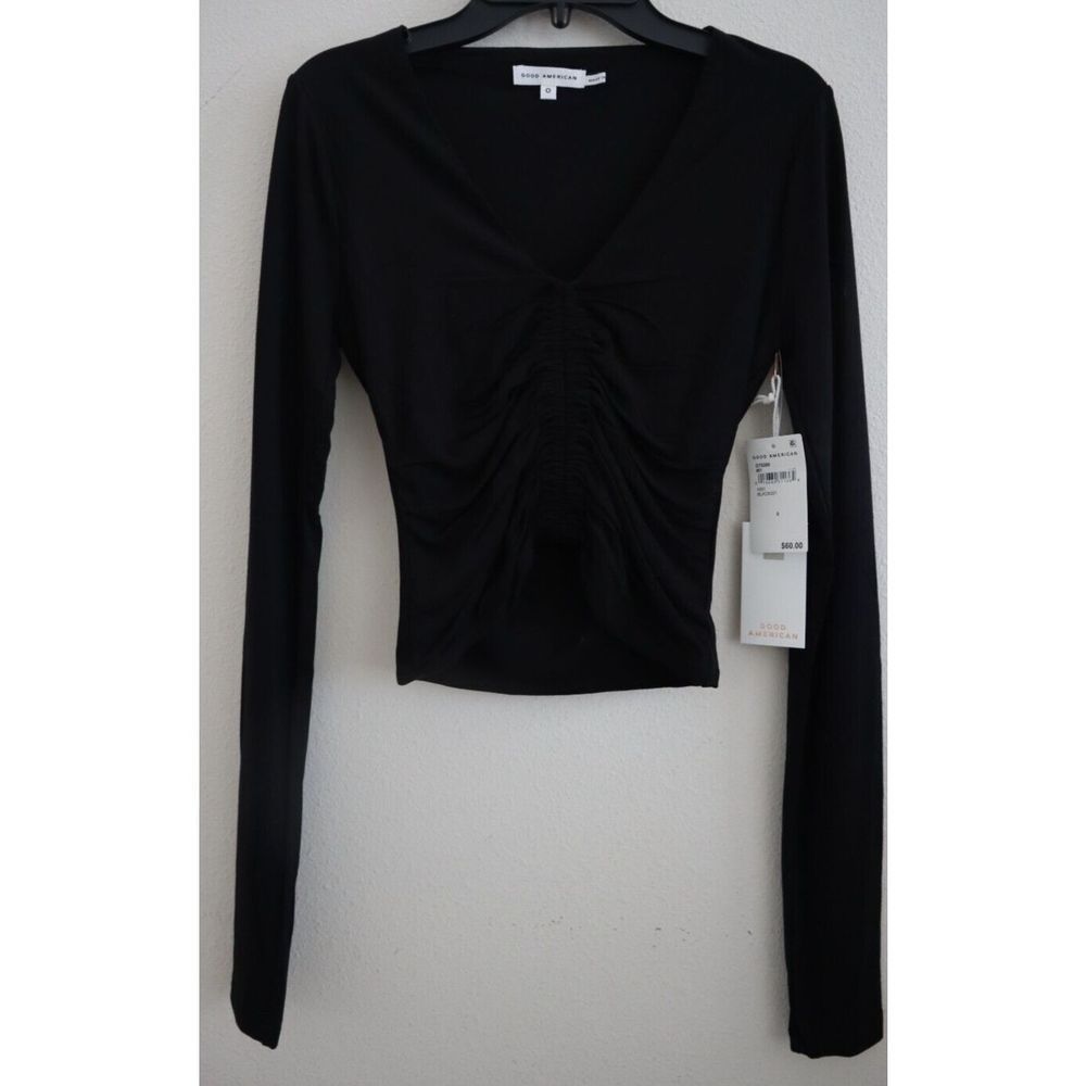 Good American GT0260 001 Women's Sz 0 (XS) Black Long Sleeve Ruched Crop Top $60